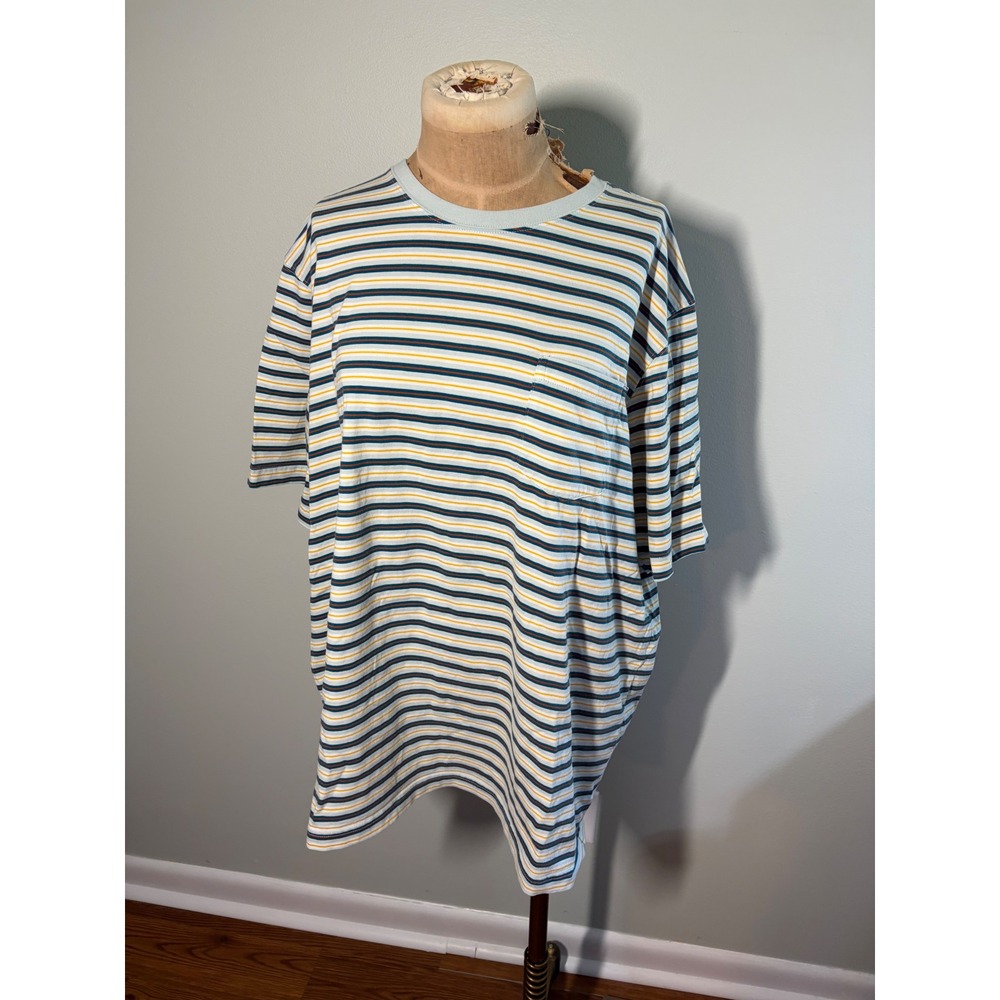 Lands End Mens XL Striped Pocket T-Shirt Blue Yellow White Short Sleeve Tee